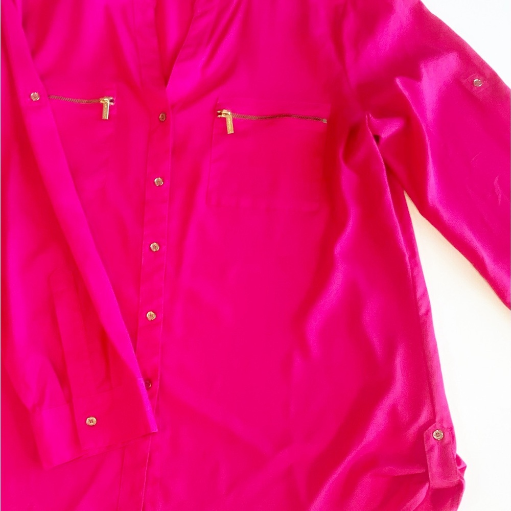 Calvin Klein Hot Pink Zip-Pocket Roll-Tab Sleeve Blouse | XL - Picture 4 of 10